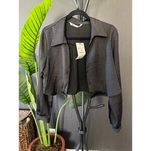 ZARA Black Satin Cropped Blouse Jacket Long Sleeve Button Front NWT Size M